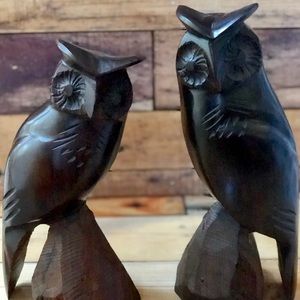 Vintage Mahogany Wood Carved Owls